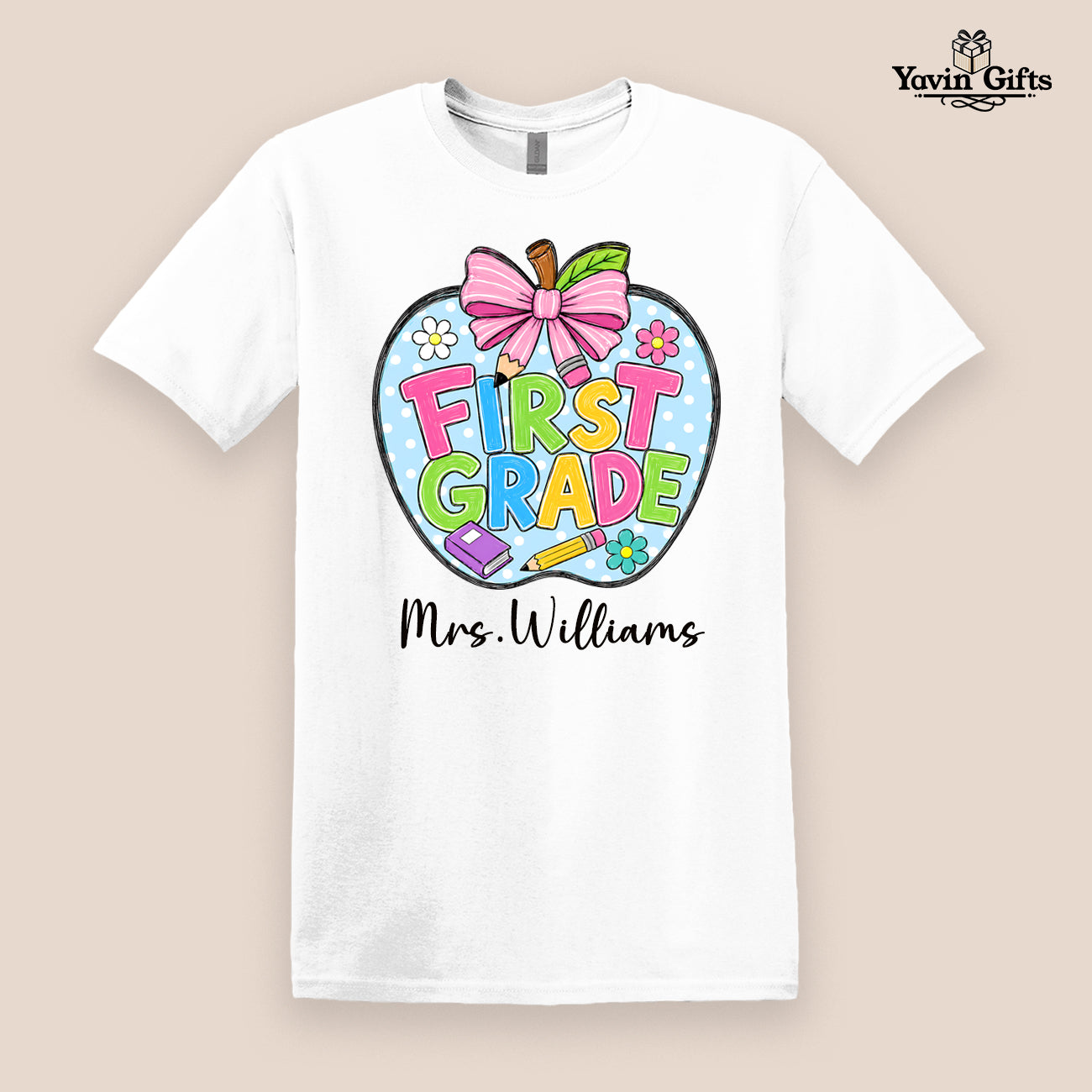 Teacher Bow & Apple Grades (Pre-K to 5th) Personalized name