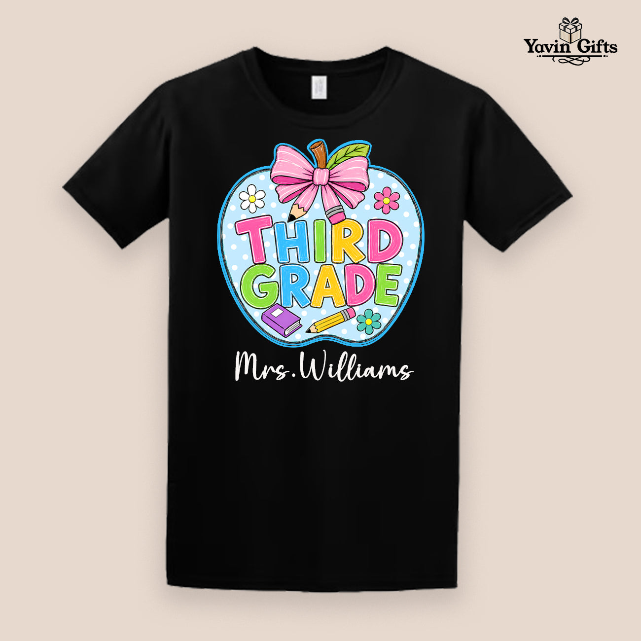 Teacher Bow & Apple Grades (Pre-K to 5th) Personalized name