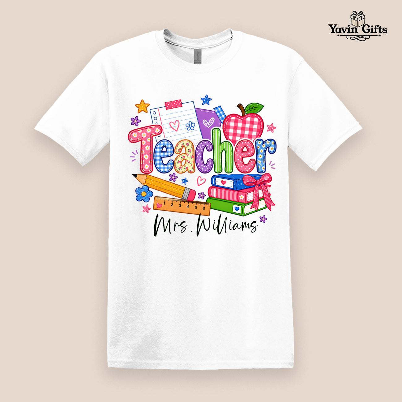 Teacher Apple, Books & Bow (Personalized name)
